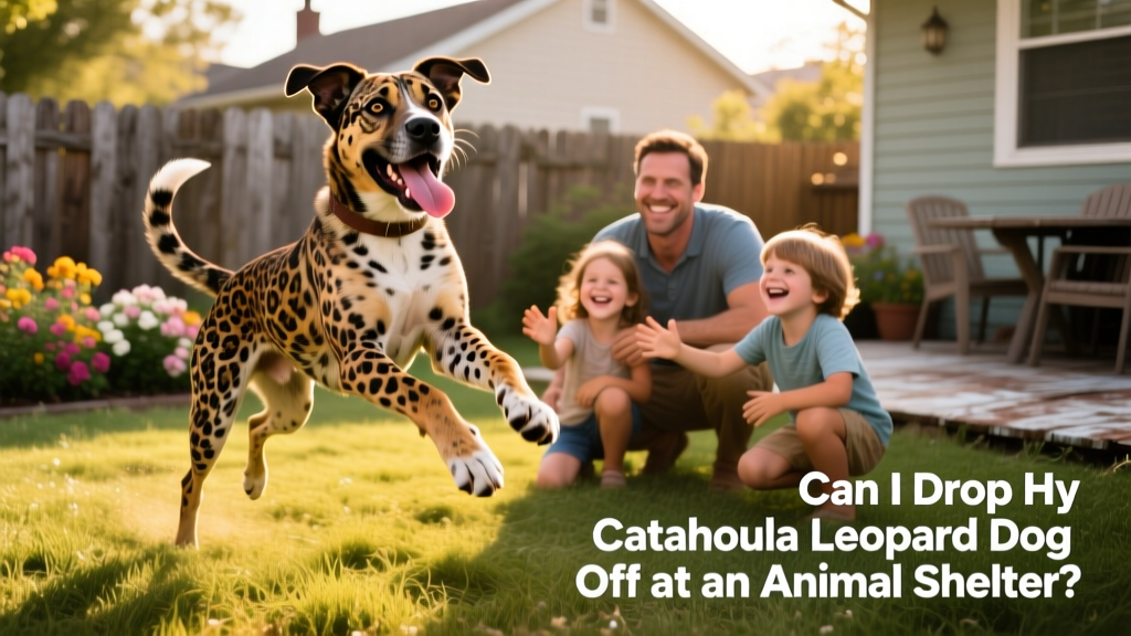 A happy Catahoula Leopard Dog playing outdoors with a family in a backyard