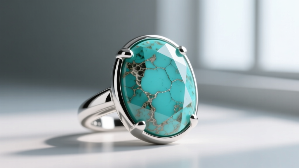 Macro shot of raw turquoise cabochon in a sterling bezel showing chemical clouding and matrix damage from harsh liquid dip cleaners.