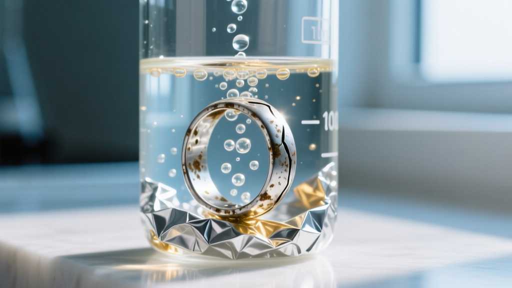 Close-up of a tarnished silver ring submerged in a glass beaker with aluminum foil and hot water, showing bubbles from a reaction