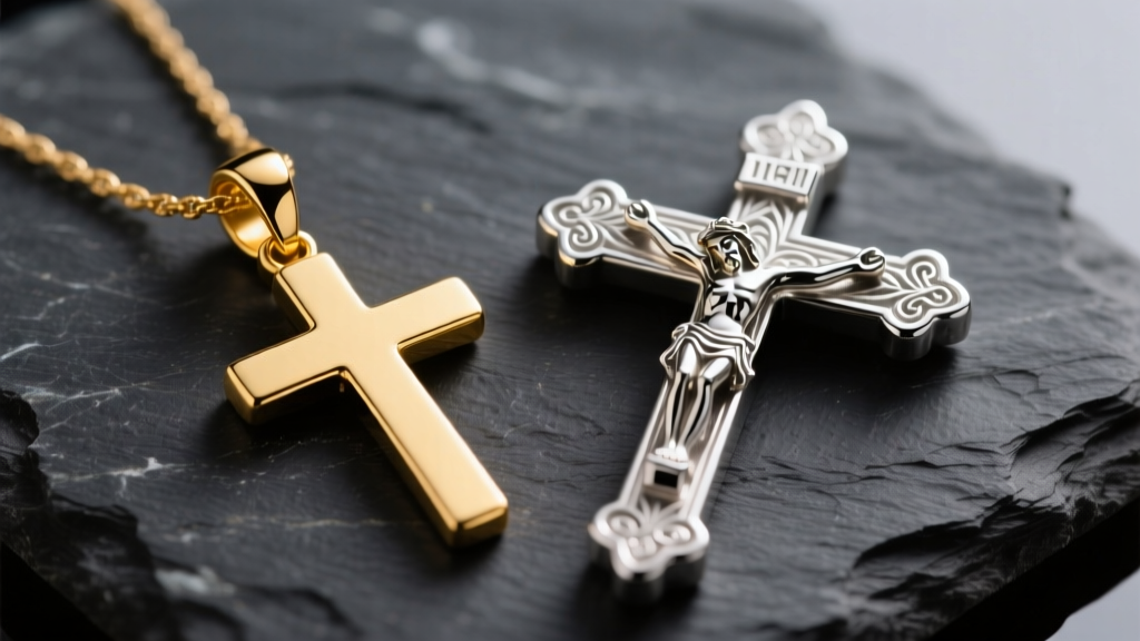 Macro shot of a 14k gold empty cross pendant next to a detailed silver crucifix on dark slate under soft studio light