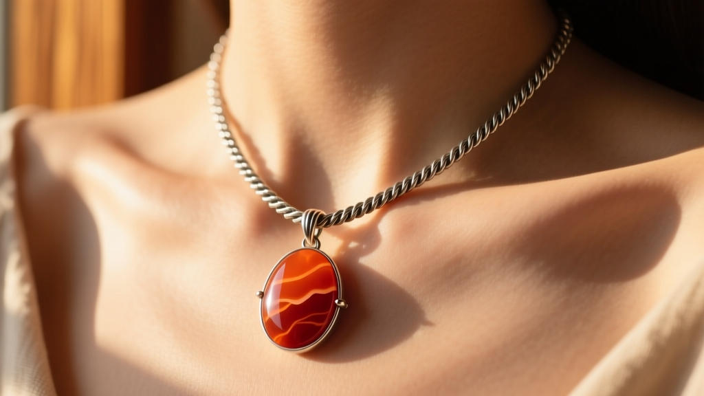 Close-up of a collarbone wearing a layered real carnelian pendant on an oxidized sterling silver rope chain in warm sunlight.