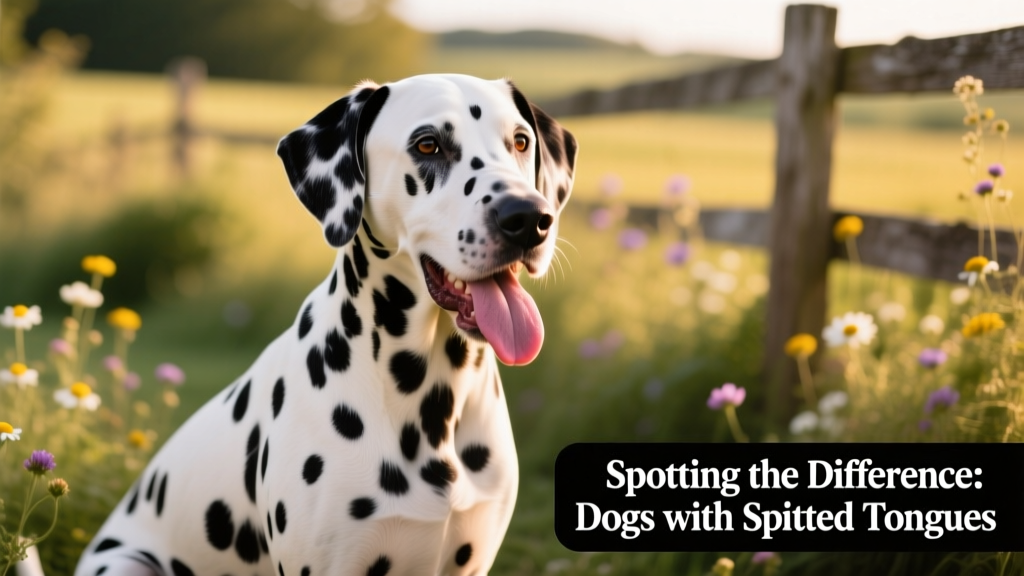 Dalmatian sitting calmly, highlighting its spotted coat and visible tongue spots
