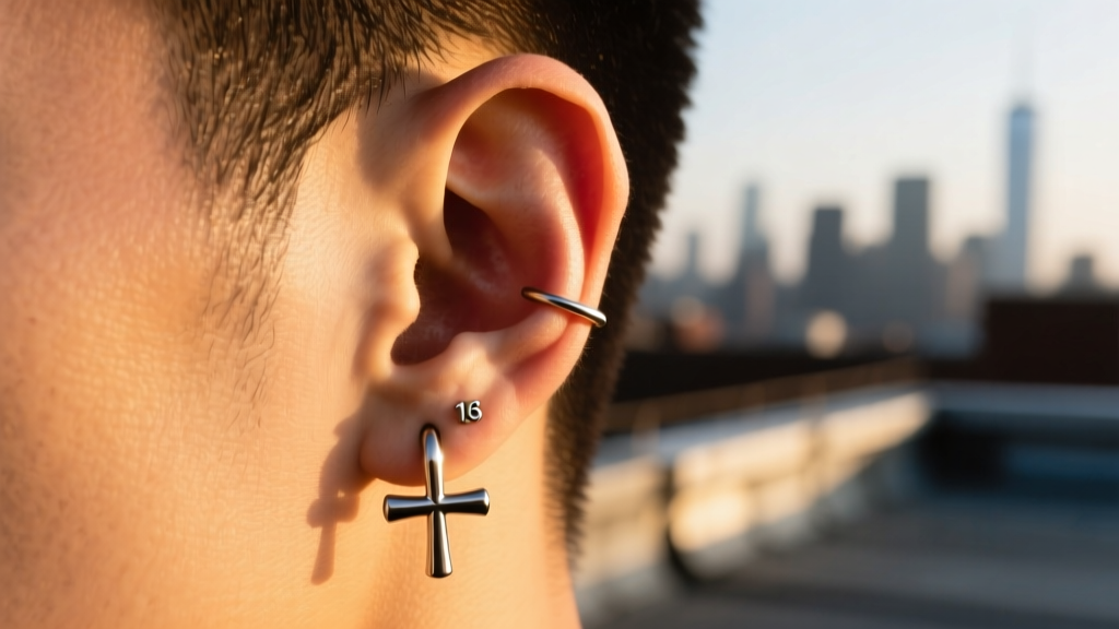 Side profile of a male ear showing a 16-gauge steel cross dangle earring in the helix cartilage, outdoor golden hour lighting.