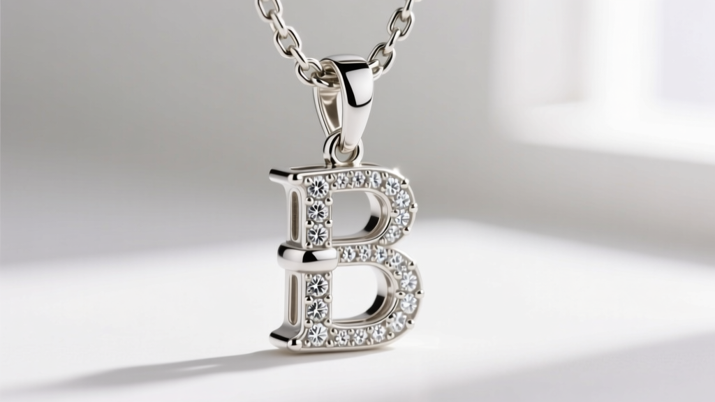 Macro shot of a reinforced soldered bail connecting a diamond letter pendant to a white gold Franco chain, showing the secure hinge.