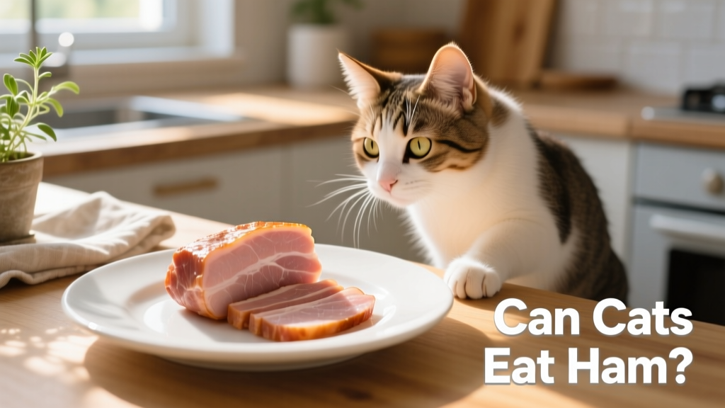 A small piece of plain, cooked ham placed on a clean plate next to a curious cat