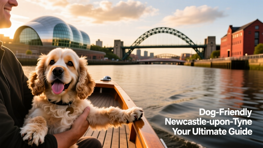 A happy Cockapoo being carried on a boat ride along the River Tyne, with Newcastle’s skyline in the background