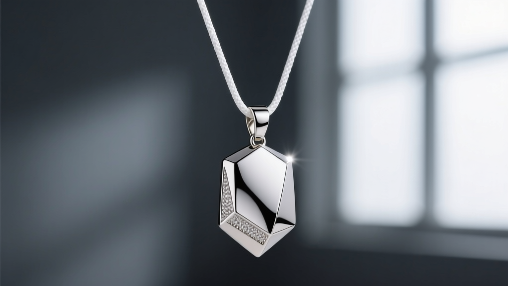Titanium pendant on a thin white UHMWPE cord, showing a minimalist jewelry style against a softly blurred dark gray background.