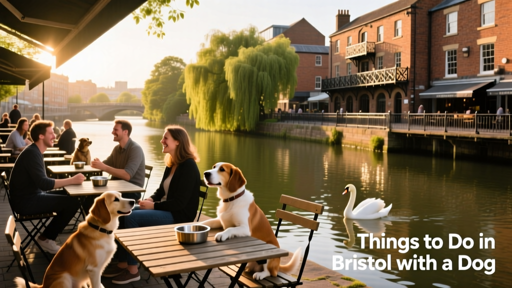 Bristol city centre with dogs enjoying outdoor seating at riverside cafes