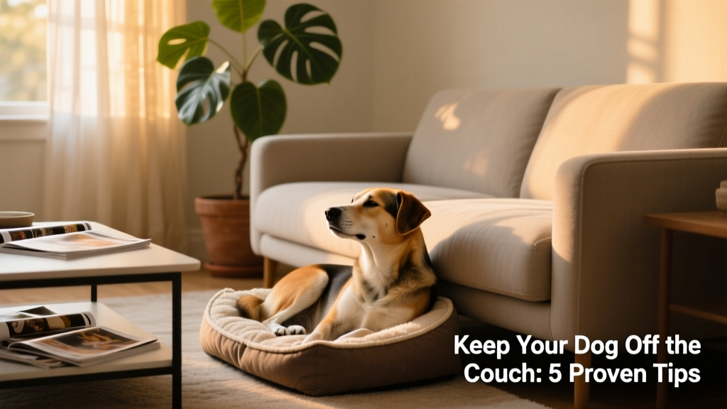 Dog lying calmly on its own bed beside a living room couch, looking relaxed and content