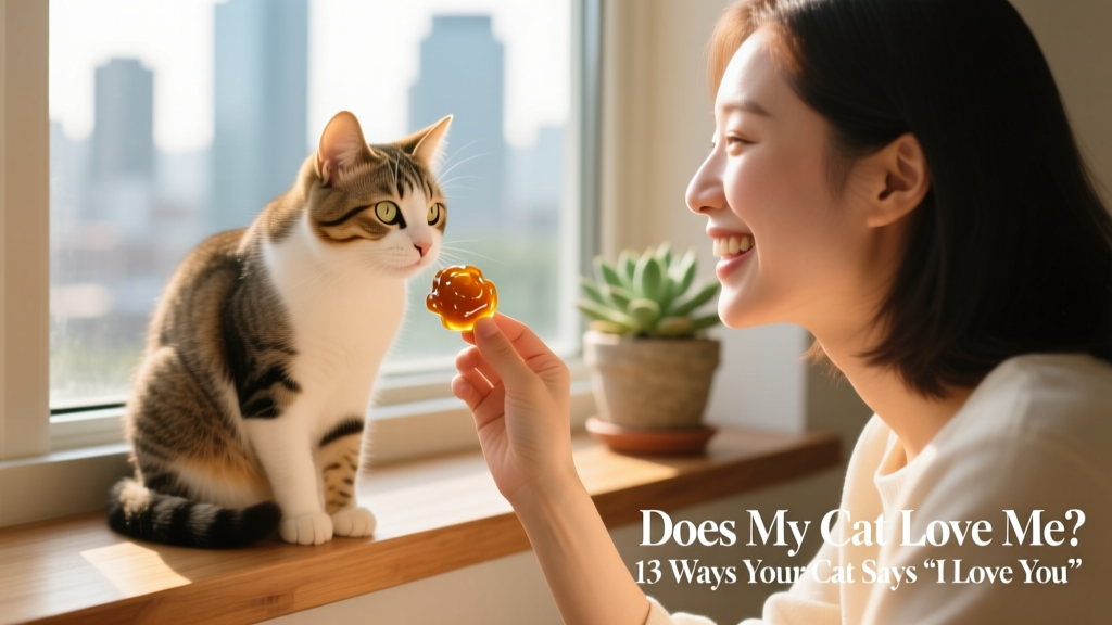 A smiling person offering a small, lickable treat to a curious cat sitting calmly on a windowsill