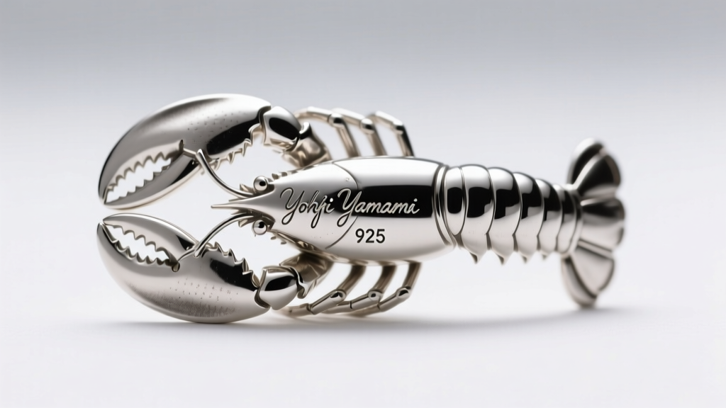 Macro shot of a heavy silver lobster clasp showing the laser-etched Yohji Yamamoto archive hallmark and 925 stamp