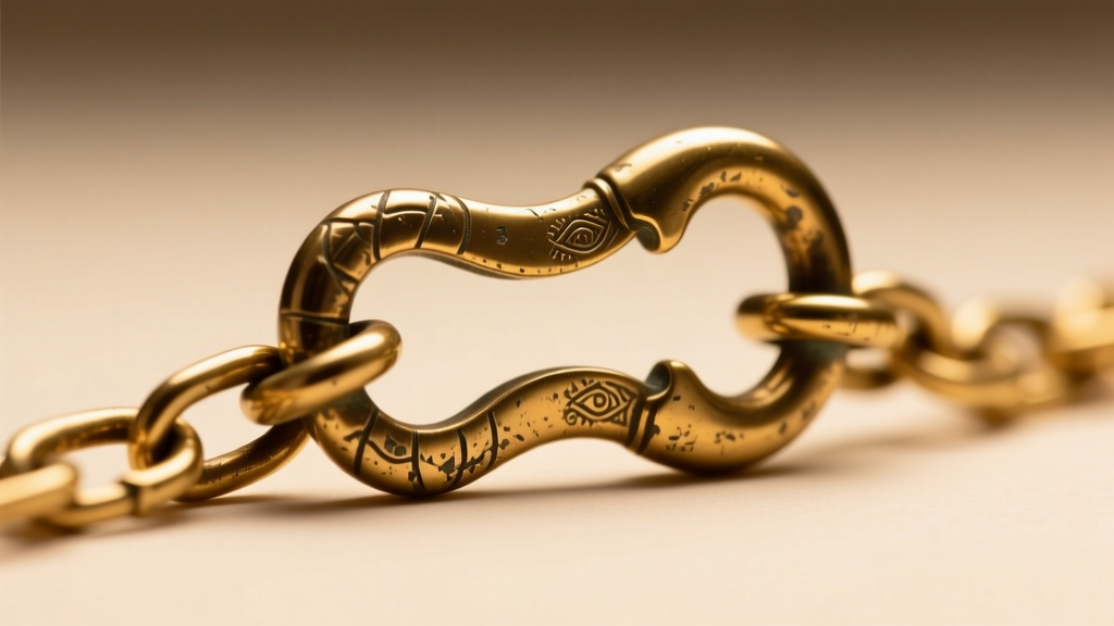 Macro shot of a brass lobster clasp on a gold chain, showing a bent lever and worn jump rings under bright, warm studio lighting.