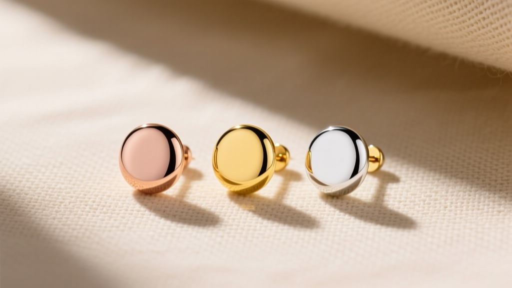 Top-down view of three open circle stud earrings in rose, yellow, and white gold, resting on textured beige linen fabric.