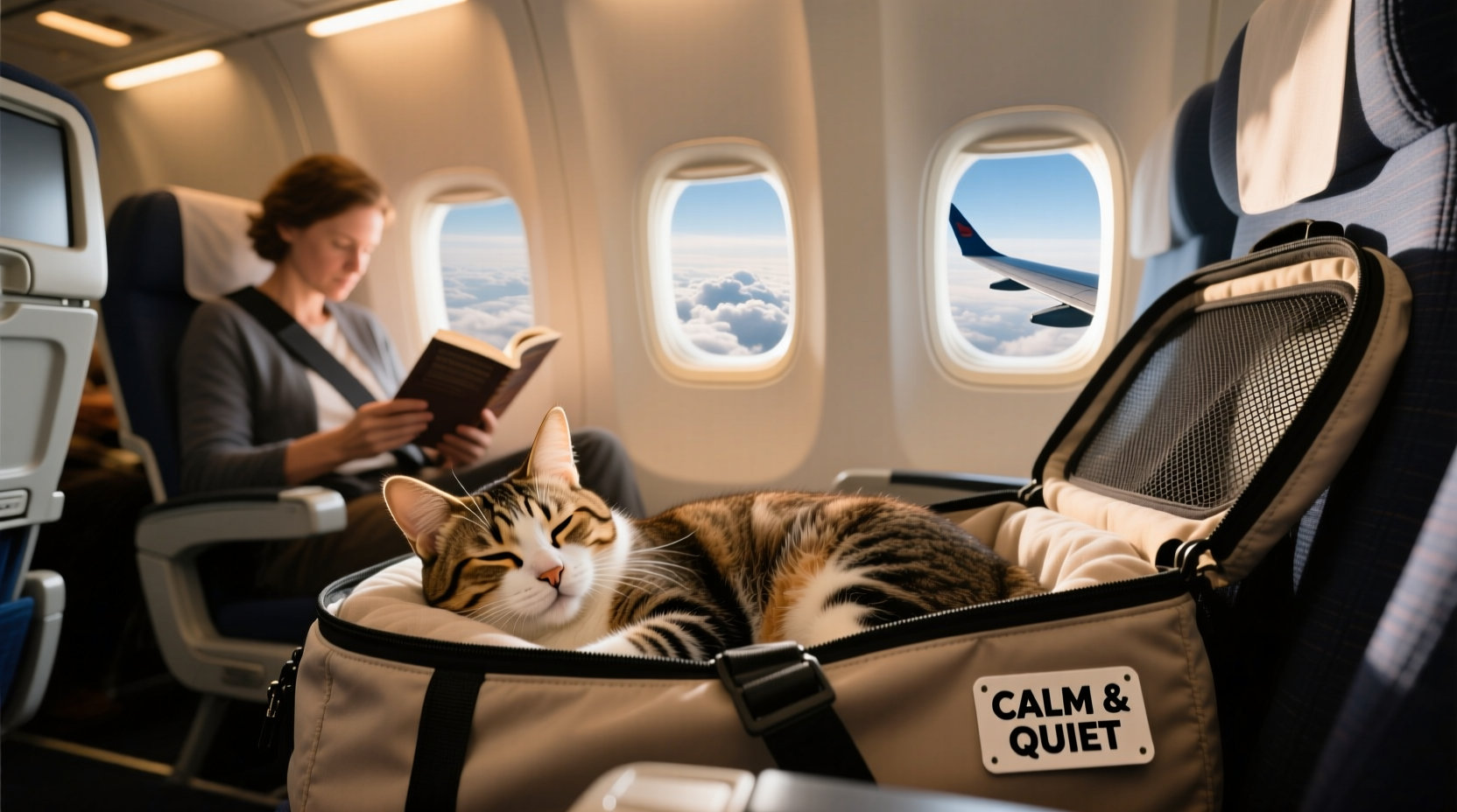 tips for flying with a cat in cabin to keep them calm and quiet