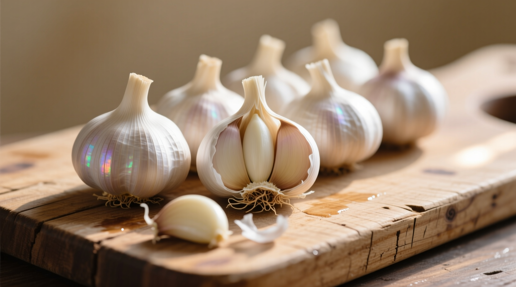 Fresh garlic cloves arranged on wooden cutting board