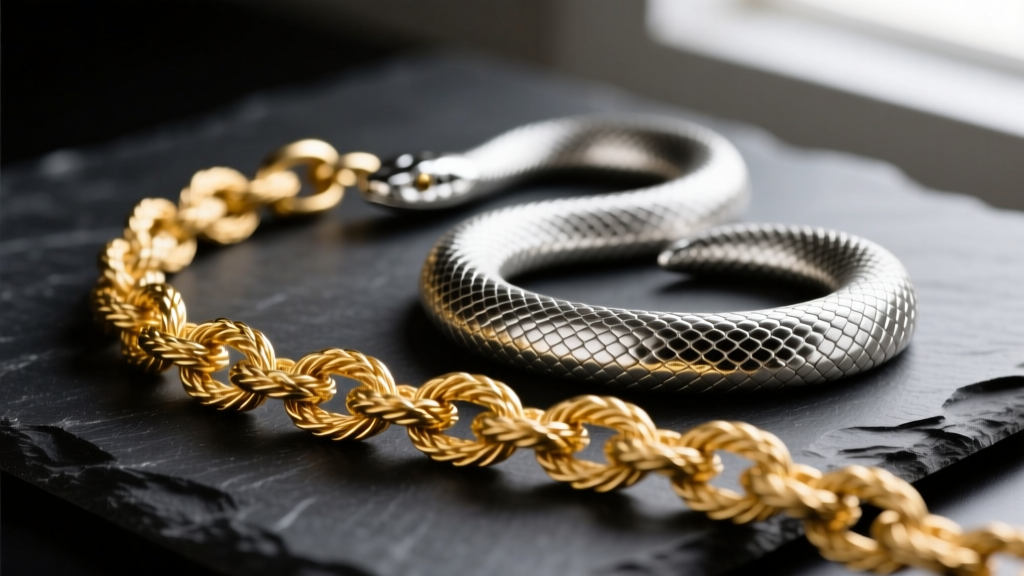 Macro shot of a gold rope chain and silver snake chain on dark slate, highlighting distinct metal link structures and textures.