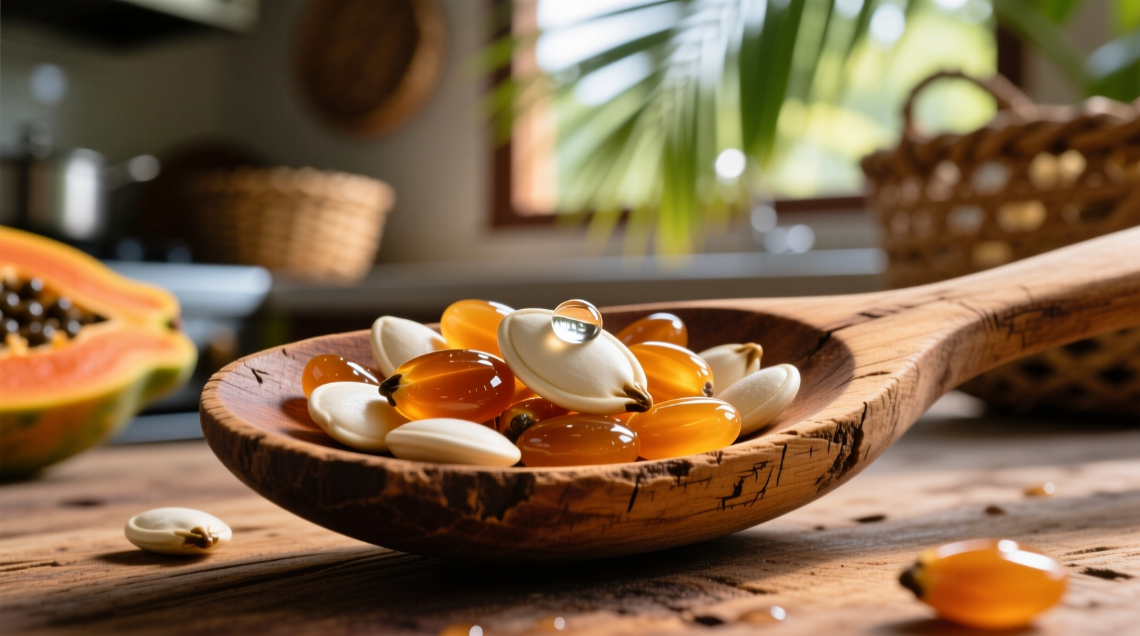 Close-up of papaya seeds on wooden spoon