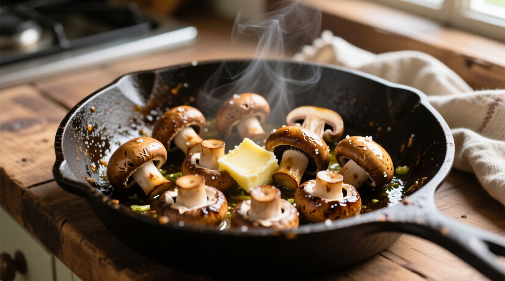 Golden brown mushrooms in cast iron skillet