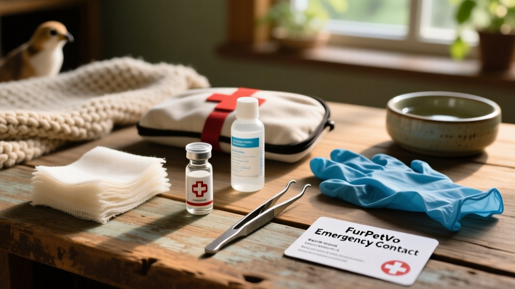 bird first aid kit laid out neatly: gauze pads, styptic powder, saline solution, tweezers, gloves, and a printed FurPetVo emergency contact card