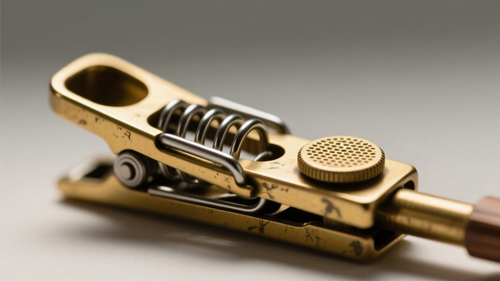 Macro photography of a vintage brass paddle-back clip mechanism with a tempered steel spring showing the dimpled pressure pad