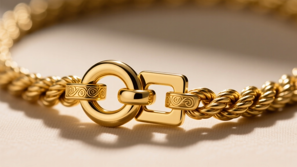 Macro shot of an 18k yellow gold box clasp with a figure-eight safety latch engaged on a heavy 14-gauge rope chain necklace.