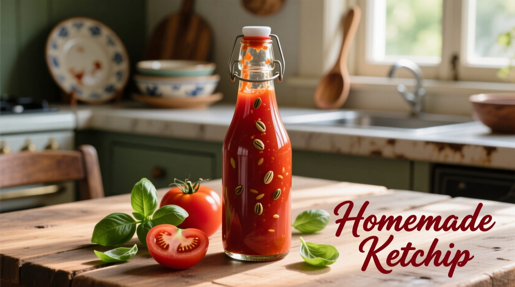 Homemade catsup in glass bottle with fresh tomatoes