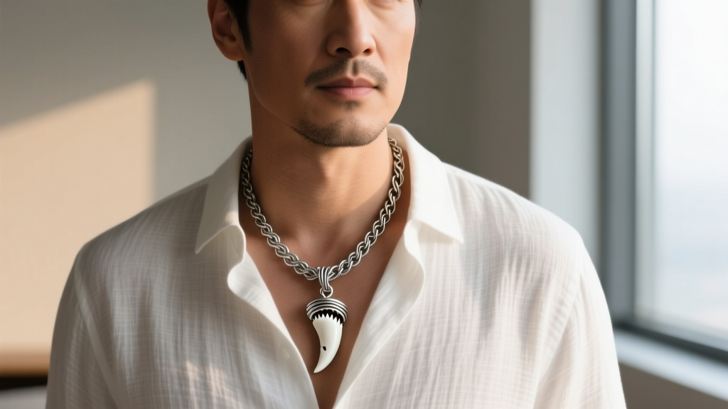 Close-up of a man wearing a silver chain and a wire-wrapped great white shark tooth necklace over a crisp white linen shirt