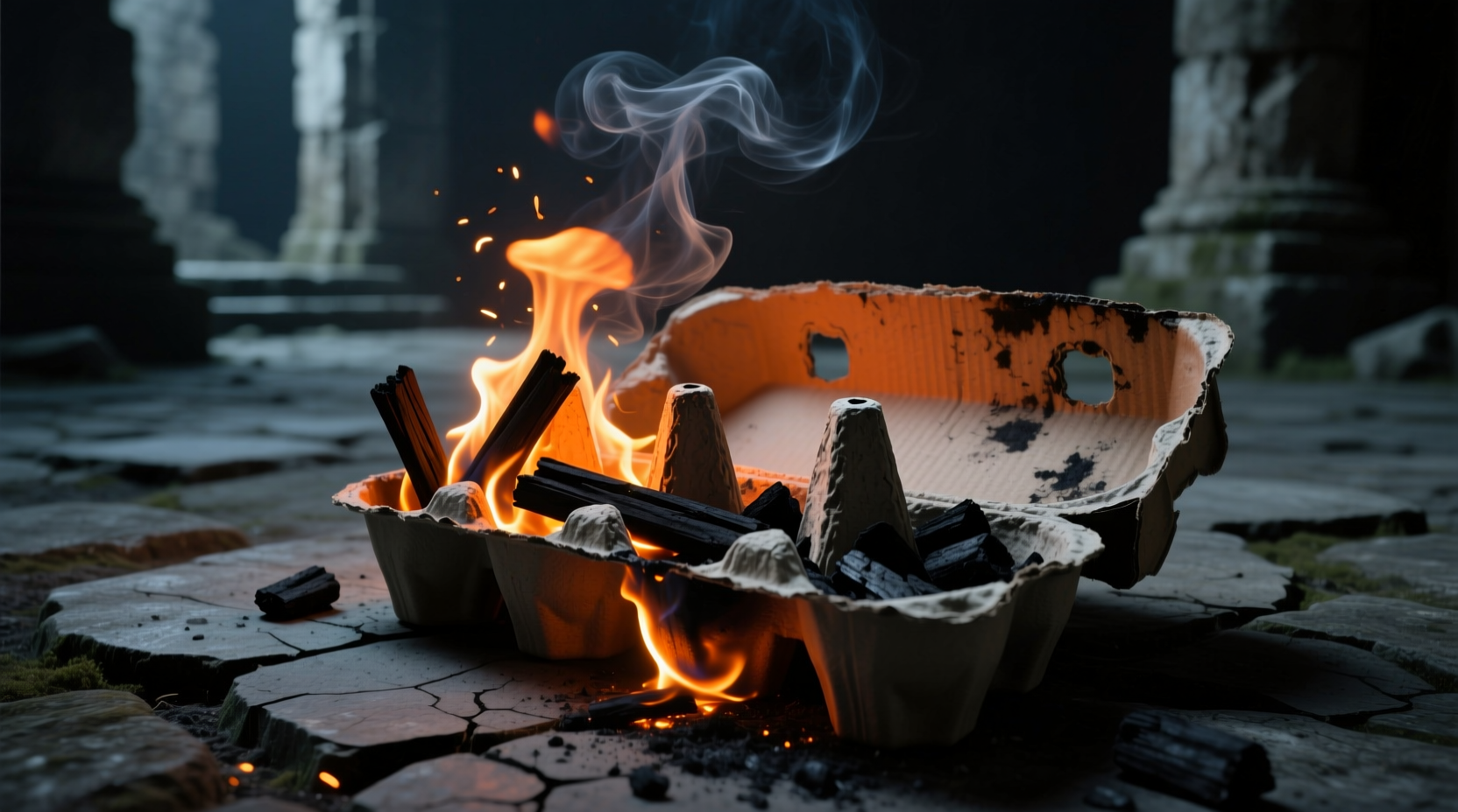 ignite an egg carton with charcoal inside for an easy s