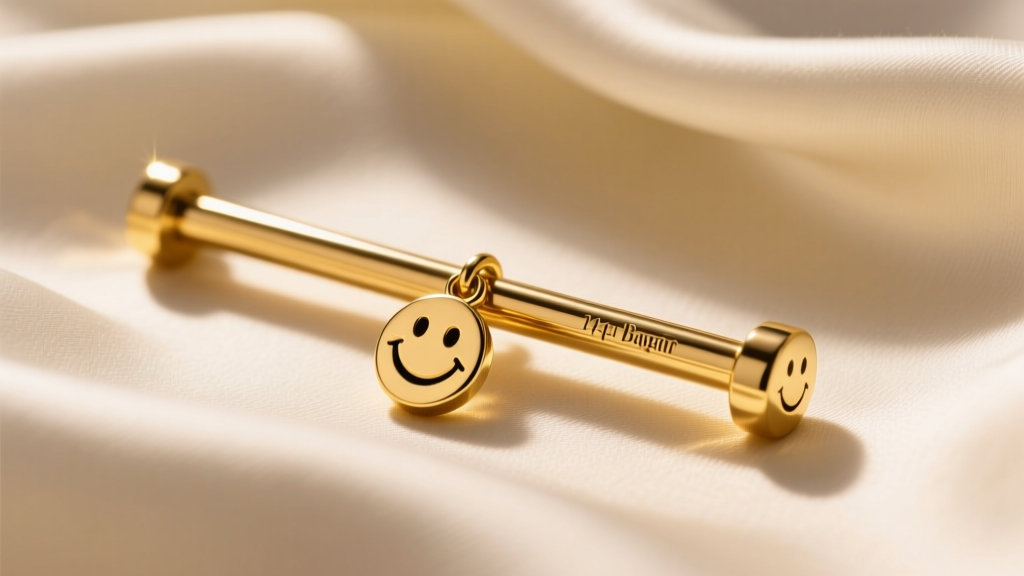 A 14-gauge titanium straight barbell with a polished gold smiley-face charm resting on soft silk under warm studio lighting.