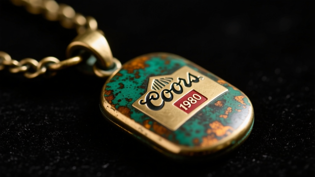 Macro photo of a vintage 1980s Coors promotional pendant backstamp, highlighting the oxidized brass bail and faint maker mark