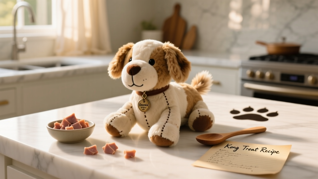 A FurPetVo Classic toy stuffed with a savory chicken liver mixture, placed on a clean kitchen counter