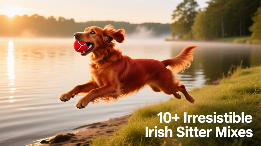 A golden-red Golden Irish playing fetch on a lakeshore