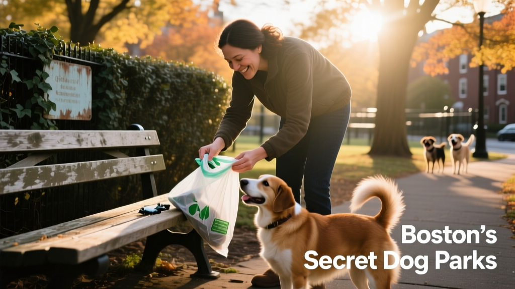 A friendly dog owner cleaning up after their pup with a biodegradable bag near a park bench
