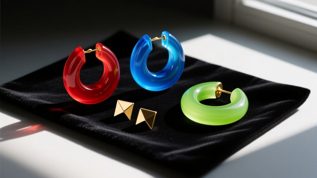 Flat lay of chunky translucent 90s style acrylic hoop earrings and gold-plated brass studs on a dark velvet jewelry cleaning mat