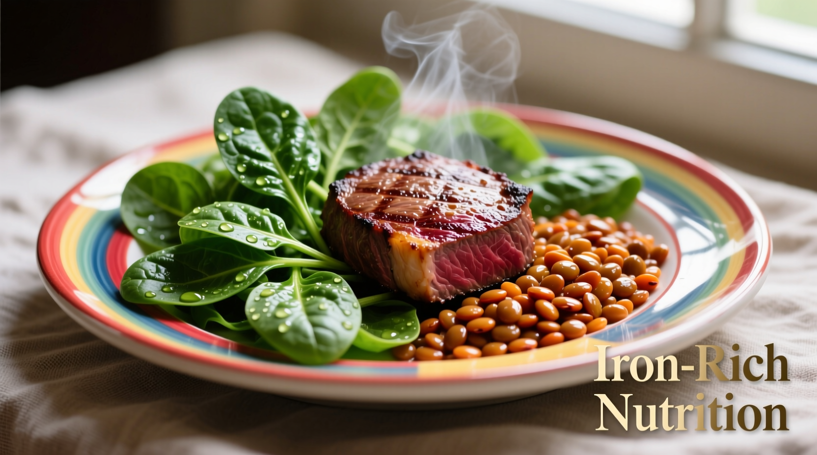 Colorful plate of iron-rich foods including spinach, lentils, and lean meat