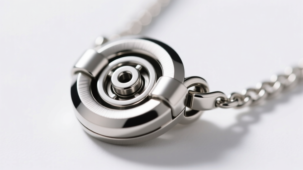 Macro shot of a stainless steel magnetic necklace clasp with a neodymium core, showing the locking mechanism and brushed finish.