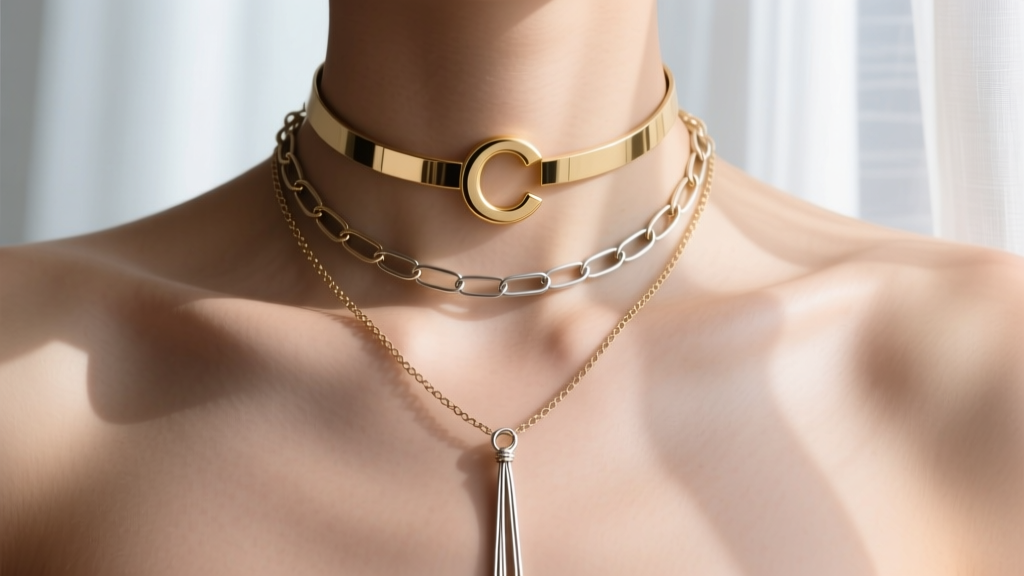 Layered stack with a gold letter C choker, a mid-length paperclip chain, and a long lariat pendant resting on a bare neckline.