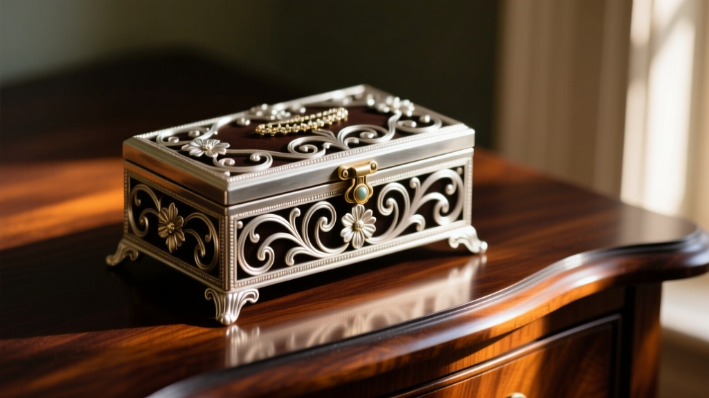 Close-up of a vintage Brighton jewelry box with ornate silver-plated scrollwork hardware resting on a dark mahogany dresser top