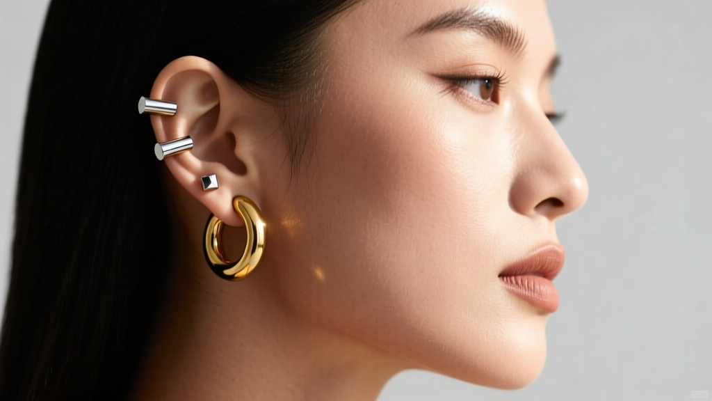 Profile portrait of a woman with an asymmetrical ear stack, featuring a gold helix hoop and three titanium studs on her left ear