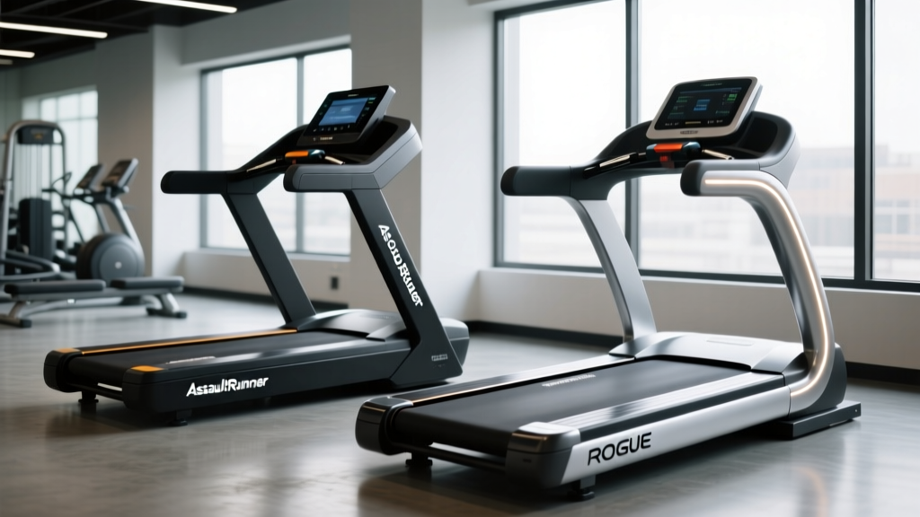 Side-by-side profile view of AssaultRunner Elite and Rogue Echo Runner curved treadmills in a well-lit commercial gym setting