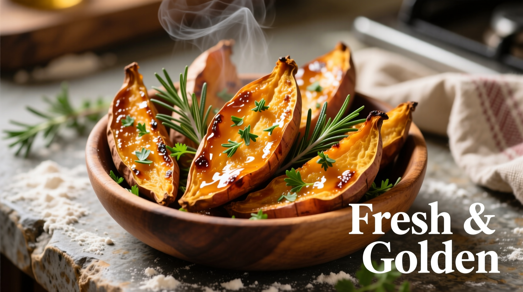Golden roasted sweet potato wedges with fresh herbs
