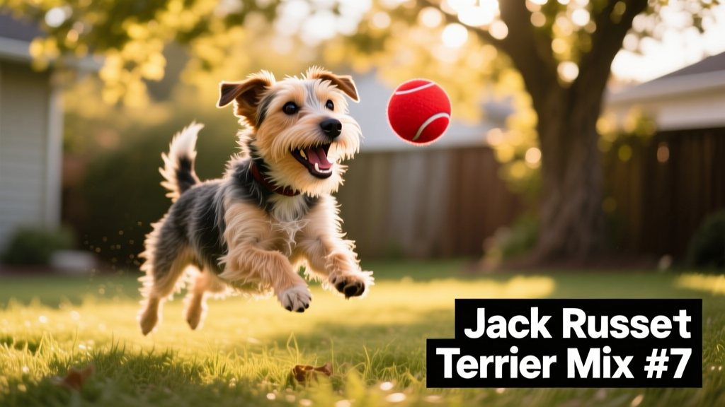 A lively, compact terrier mix playing fetch in a sunlit backyard