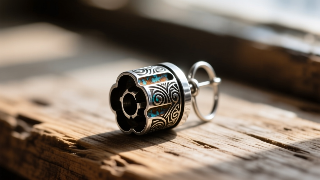 Oxidized silver revolver cylinder dangle earring showing dark patina in the engraving and polished edges on a rustic wood surface.