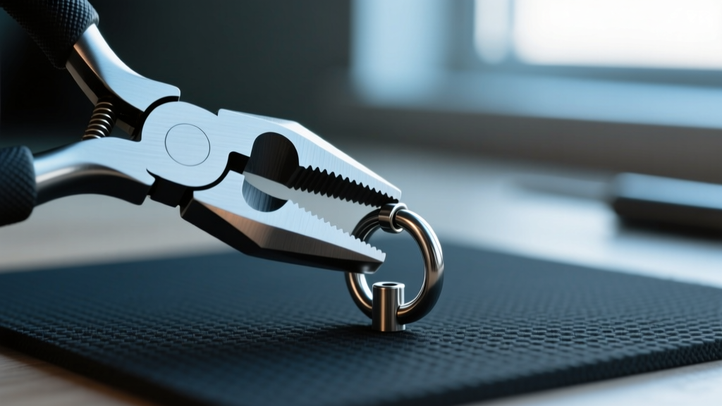 Nylon-jaw pliers adjusting the male post of a titanium clicker hoop to restore tension and fix a loose hinge on a dark work mat.