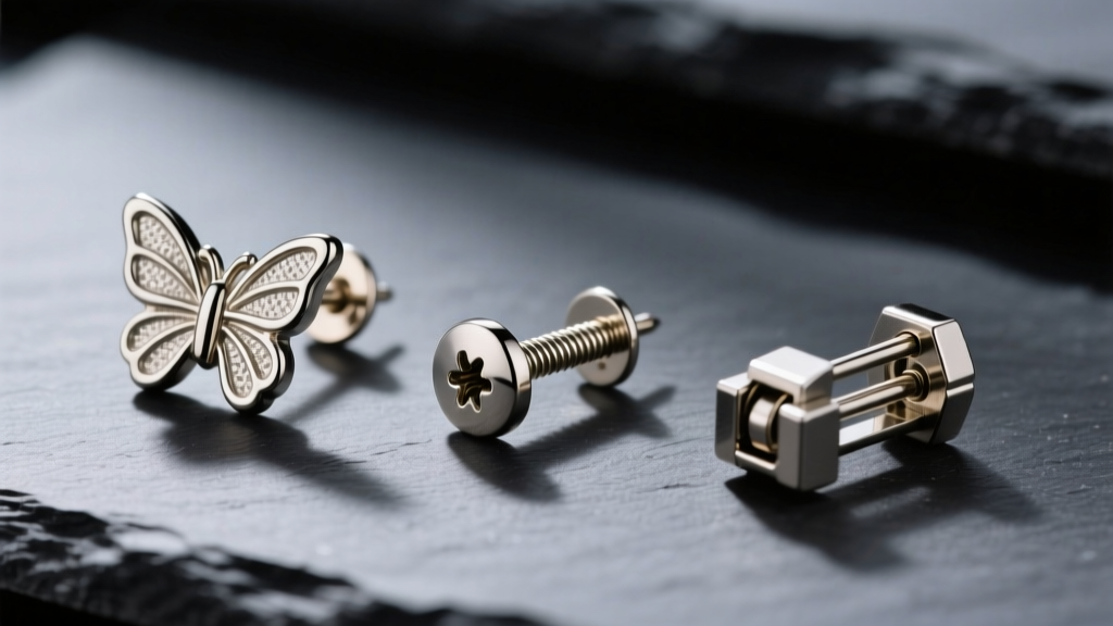 Three earring backs on dark slate: a butterfly friction back, a threaded screw-back, and a precision locking clutch mechanism