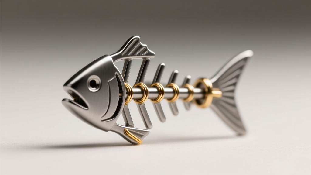 Macro view of a titanium fishbone earring joint, showing micro-soldering and matte grey metal under bright studio lighting.