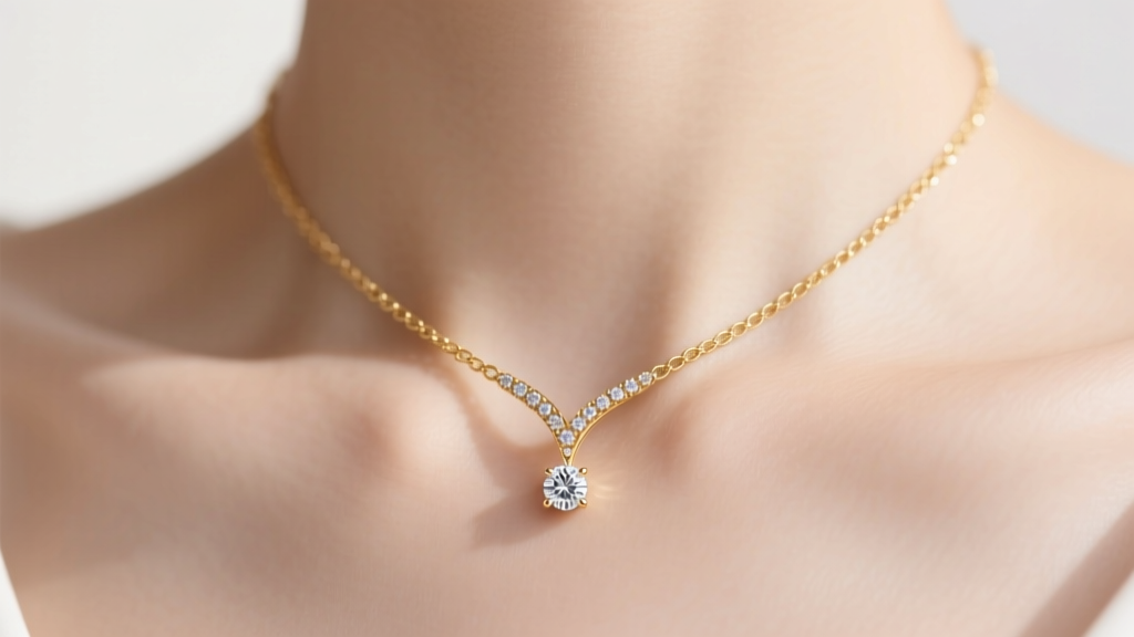 Macro shot of a 14k gold dainty lariat necklace on a collarbone, highlighting a bezel-set diamond at the Y-drop junction