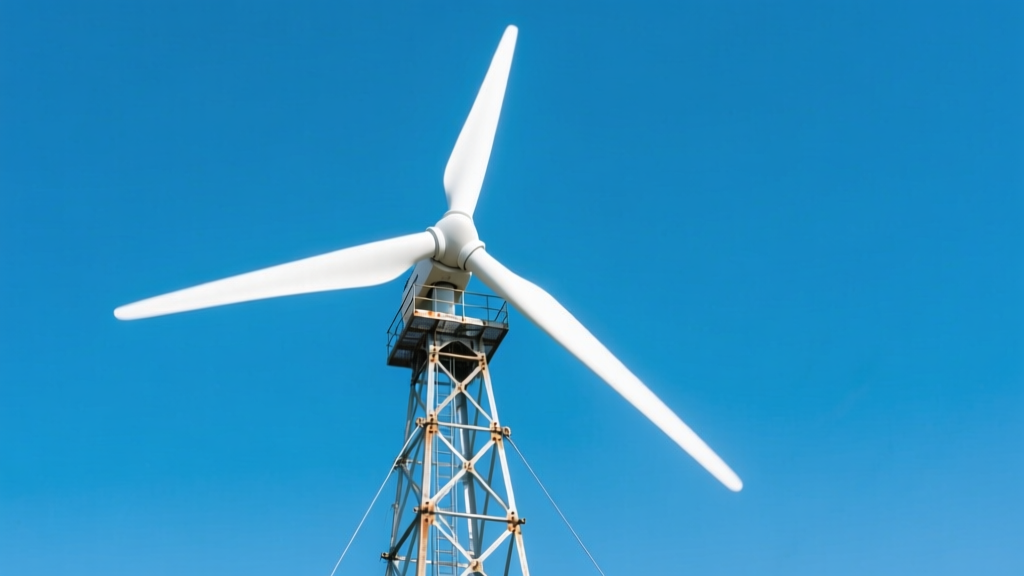 Partially assembled 5kW residential wind turbine with white fiberglass blades on a galvanized steel guyed tower against a clear sky