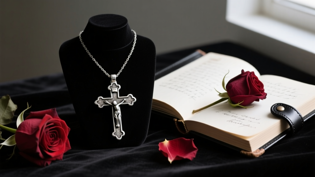 Oxidized 925 sterling silver inverted crucifix necklace resting on dark velvet beside a black leather journal and dried red roses