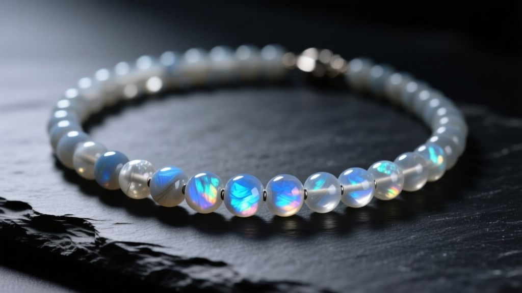 Macro shot of a rainbow moonstone beaded necklace on dark slate showing vivid blue adularescence under soft lighting